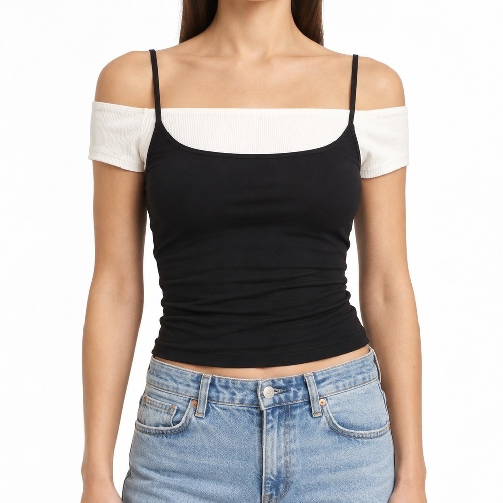 Reformation Poppie Knit Top Black & White Off The Shoulder Cami XS